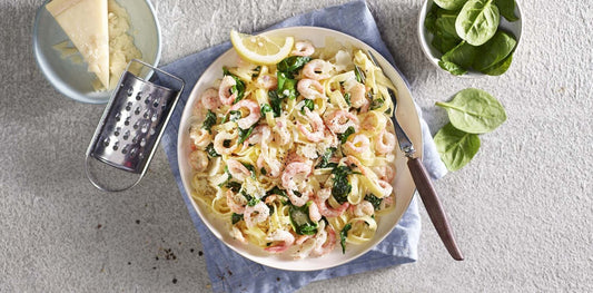 Pasta med reker, parmesan og spinat